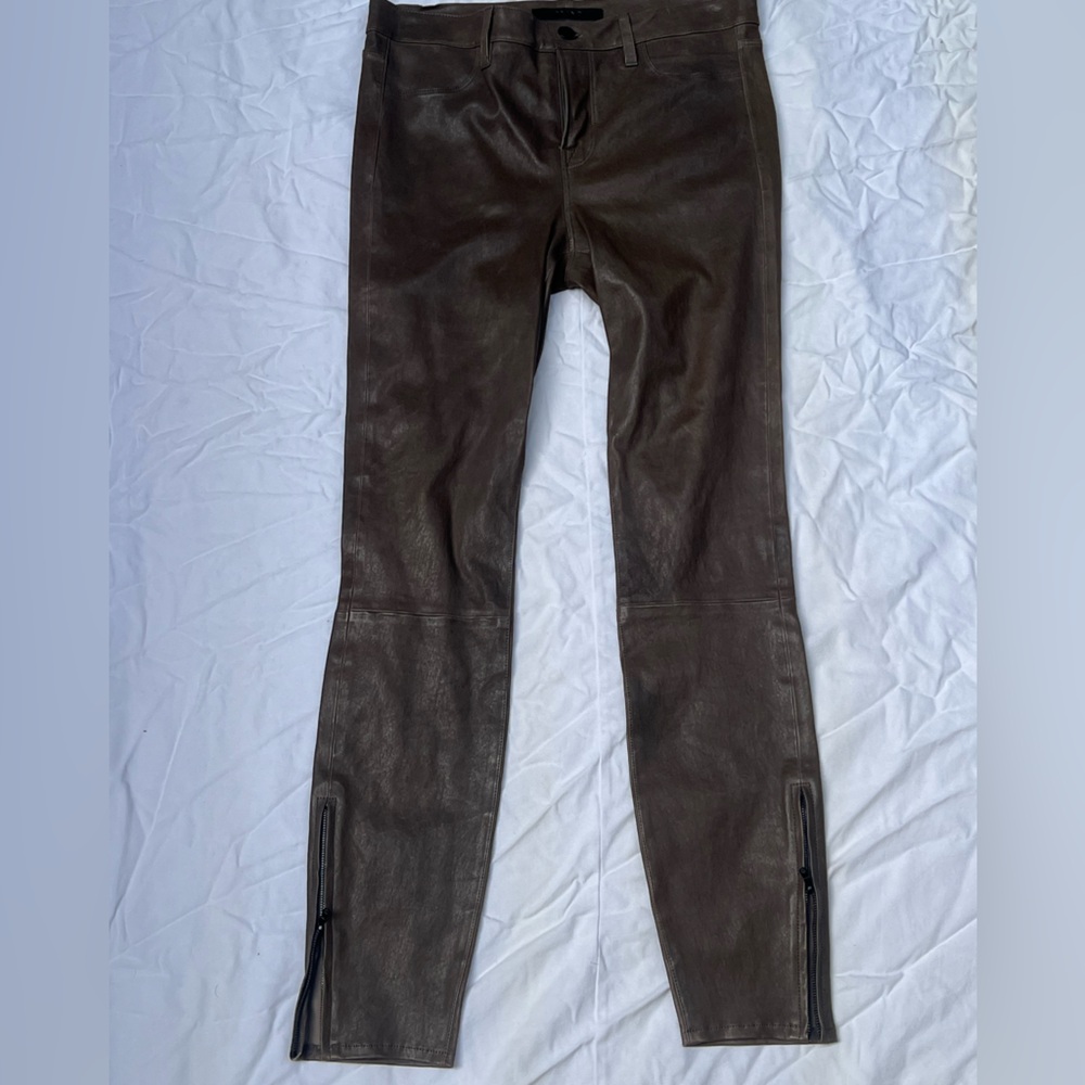 J Brand Olive Leather Trousers with ankle zippers